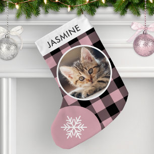 Roze Buffalo Plaid Aangepaste Huisdier Kat Foto Kleine Kerstsok