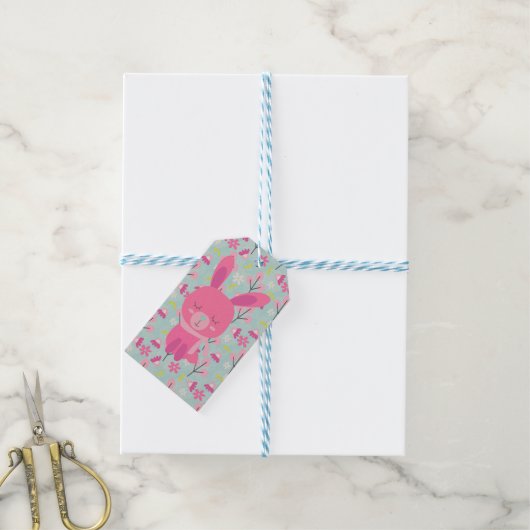 Roze Bunnies en Flowers Cadeaulabel (Met Touw)