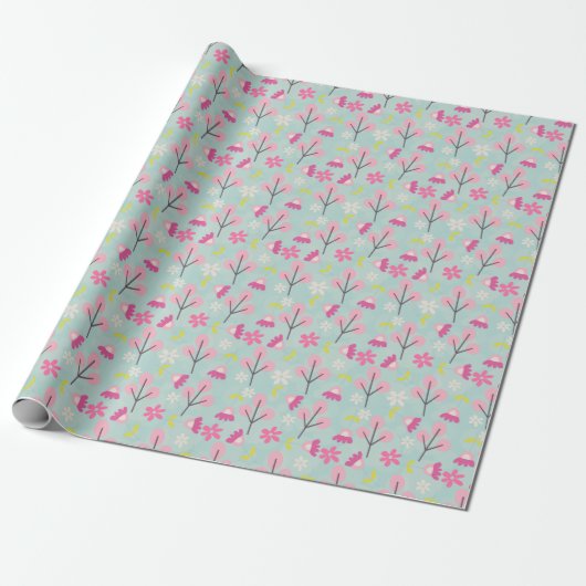 Roze Bunnies en Flowers Cadeaupapier (Uitgerold)