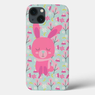 Roze Bunnies en Flowers iPhone 13 Hoesje