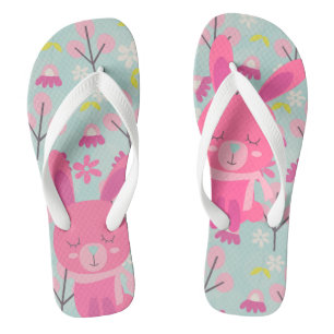 Roze Bunnies en Flowers Teenslippers