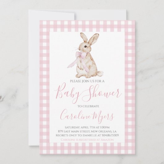 Roze Bunny Konijn Bow Baby Meisje Douche Kaart (Voorkant)