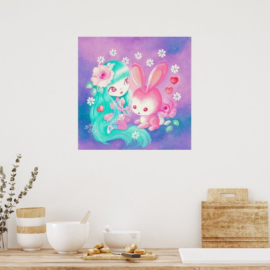 Roze Bunny Love Poster (Keuken)