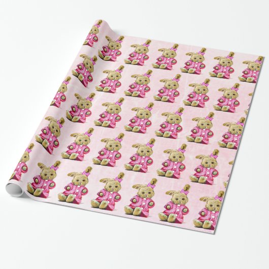 Roze Bunny met Bow Gilt's Birthday Gift Wrap Cadeaupapier (Uitgerold)