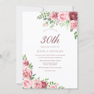 Roze Burgundy Blush Womans 30th Birthday Invite Kaart