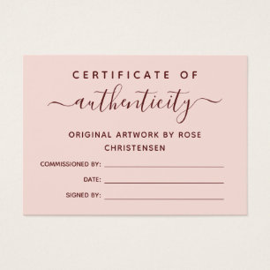 Roze Burgundy Script Certificate of Authenticity Visitekaartje