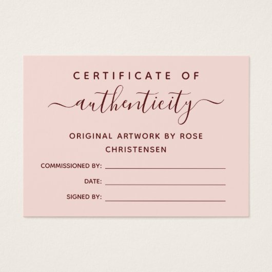 Roze Burgundy Script Certificate of Authenticity Visitekaartje (Voorkant)