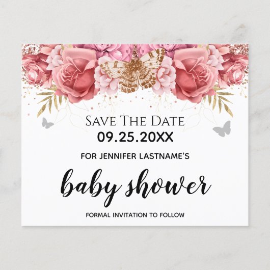 Roze Butterflies Floral Baby shower Sparen de Datu (Voorkant)