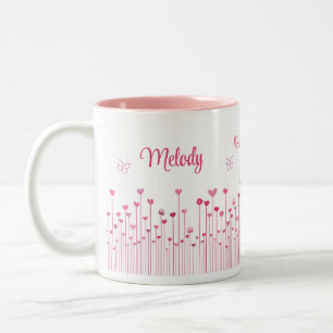 Roze Butterflies Gepersonaliseerde harten en bloem Tweekleurige Koffiemok