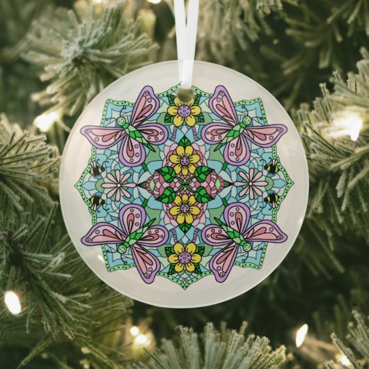 Roze Butterflies Mandala Kerstmis Glas Ornament (Insitu)