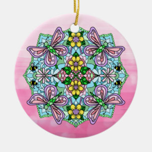 Roze Butterflies Mandala Kerstmis Keramisch Ornament