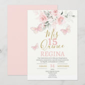 Roze Butterflies Quinceañera Kaart (Voorkant / Achterkant)