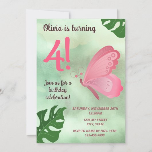Roze Butterfly Birthday Invitation Kaart (Voorkant)