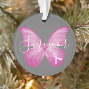 Roze Butterfly Breast Cancer Survivor Ornament