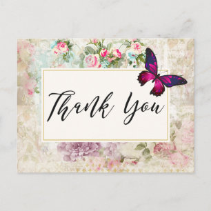 Roze Butterfly en Shabby  Rozen Hartelijk dank Briefkaart
