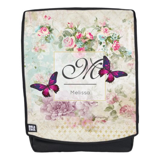 Roze Butterfly en Shabby  Rozen Monogram Rugtassen (Voorkant)