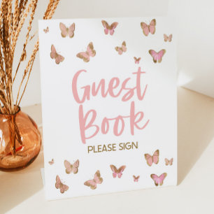 Roze Butterfly Guest Book Gelieve te ondertekenen Reclamebord Met Voetstuk