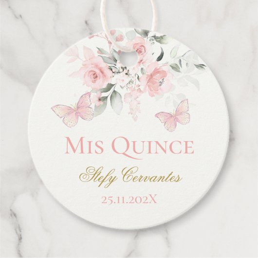Roze Butterfly Quinceañera Bedankjes Labels (Voorkant)