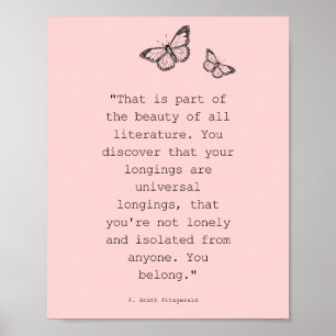 Roze Butterly F Scott Fitzgerald Literature Quote Poster