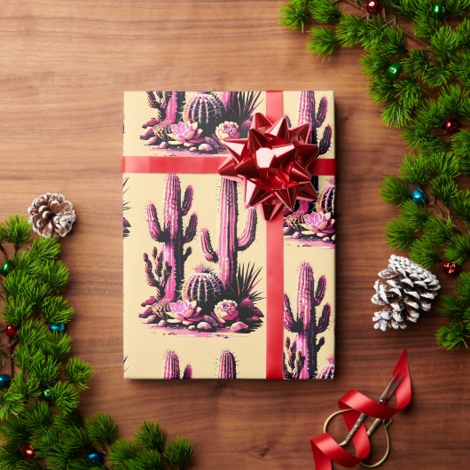 Roze Cacti Batch-Tan Achtergrond Cadeaupapier (Feestdagen Geschenken)