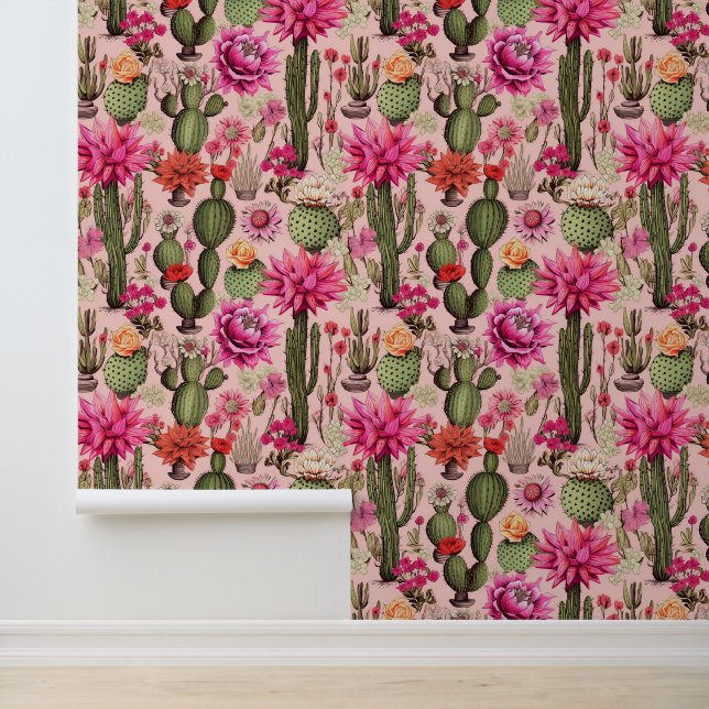 Roze Cactus Desert Zuidwest Peel en Stick Behang (Applicatie)