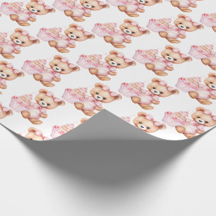 Roze cadeaupapier voor baby peuter teddybeer