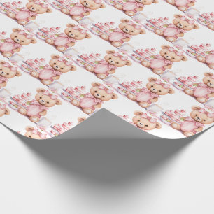 Roze cadeaupapier voor baby peuter teddybeer