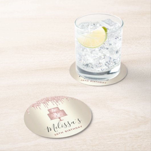 Roze cake glitters druppels elegant meisjesachtig ronde kartonnen onderzetter (Insitu)