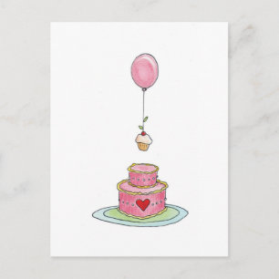 Roze cake met ballon en cupcake briefkaart