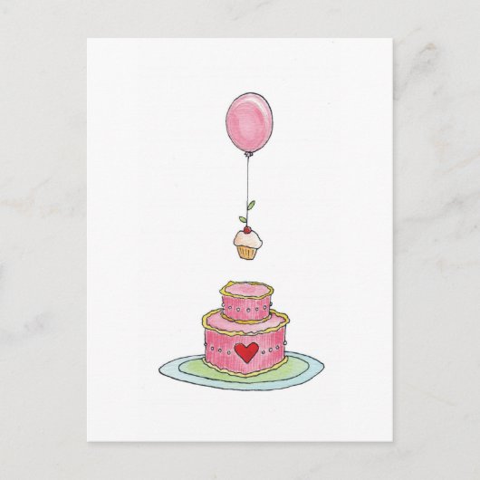 Roze cake met ballon en cupcake briefkaart (Voorkant)