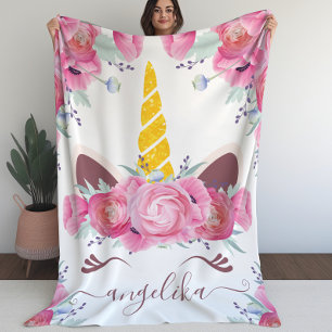 Roze Californische papaver Floral Unicorn Head Fleece Deken