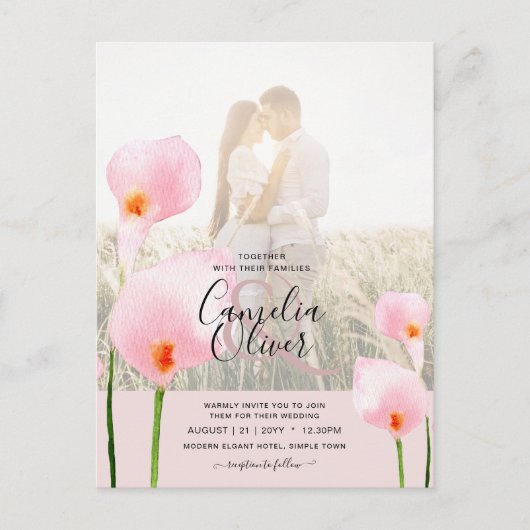 Roze Calla lelie LeahG FOTO Overlay Trouw Uitnodig Briefkaart (Voorkant)