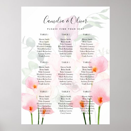 Roze Calla Lelie ZITPLAAT 9 Tafel Schuim Board Poster (Voorkant)