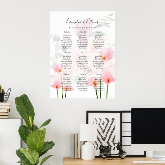 Roze Calla Lily SITING CHART 9 Tabelschuimbord Poster (Thuiskantoor)