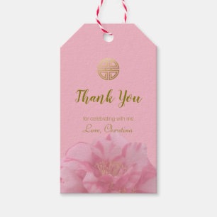 Roze Camellia Bloemen Chinese Verjaardagsfeestguns Cadeaulabel
