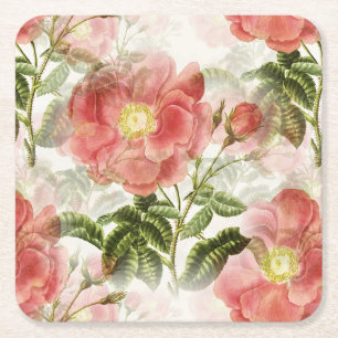 Roze Camellia Floral Pattern Vierkante Kartonnen Onderzetter