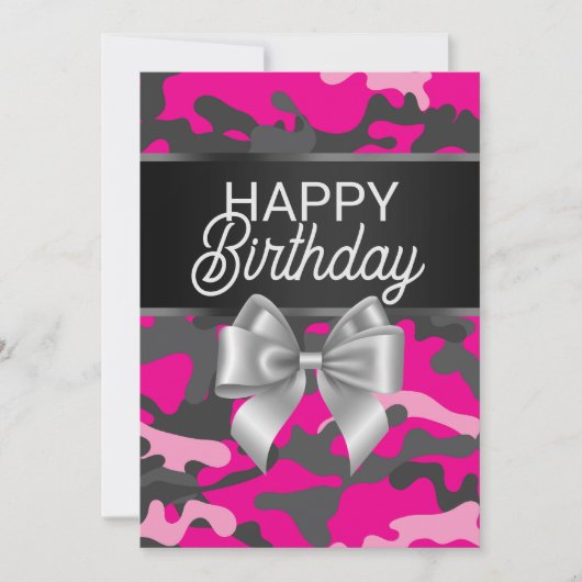 Roze Camo & Bow Happy Birthday Day Kaart (Voorkant)