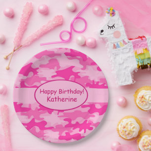 Roze Camo Name Persoonlijk Happy Birthday Party Papieren Bordje