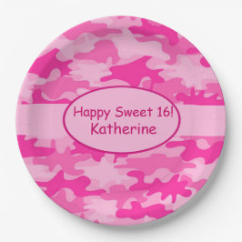 Roze Camo Name Persoonlijke Sweet 16 Birthday Papieren Bordje