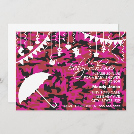 Roze Camo paraplu moderne babydoucheuitnodigingen Kaart (Voorkant / Achterkant)