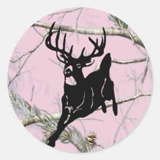 Roze Camo Running Buck Ronde Sticker