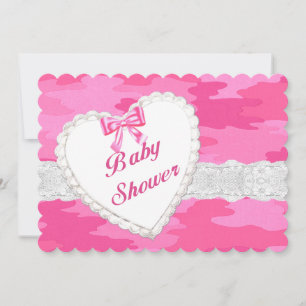 Roze Camouflage Lace Heart Baby shower Invitation Kaart