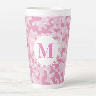 Roze Camouflage Monogram Initiaal Latte Mok