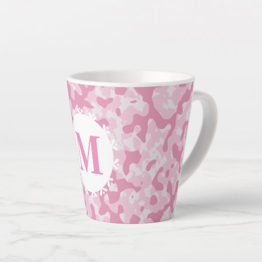 Roze Camouflage Monogram Initiaal Latte Mok (Rechterhoek)