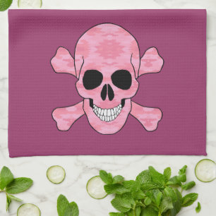 Roze Camouflage Skull en Crossbones Keukenhanddoek