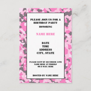 Roze Camouflaged Birthday Party Invitation Card Kaart