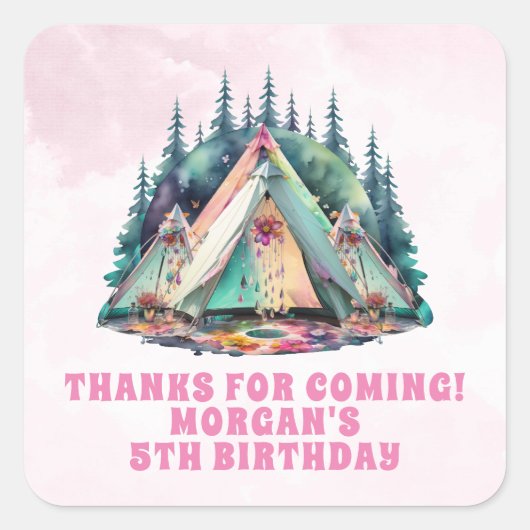 Roze Camping Sleepover Verjaardagsfeestje Vierkante Sticker (Voorkant)
