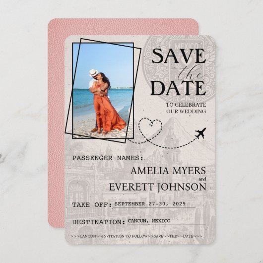 Roze Cancun paspoort Bewaar de datum Save The Date (Voorkant / Achterkant)