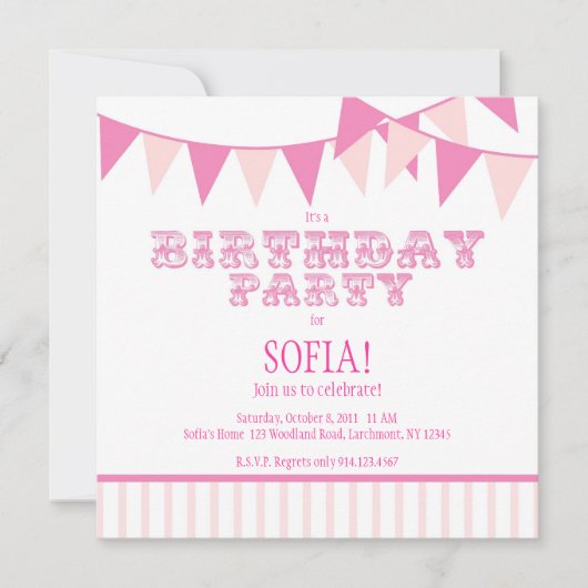 Roze carnaval Birthday Party Invite Kaart (Voorkant)