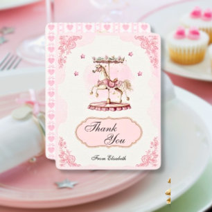 Roze  carrousel- Baby shower bedankkaart